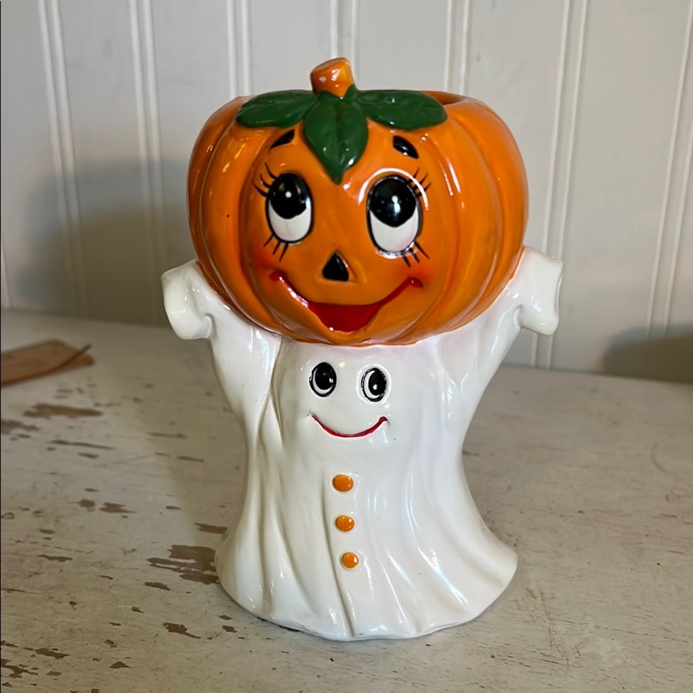 Vintage Lefton Pumpkin Ghost Ceramic Figurine candle holder Halloween